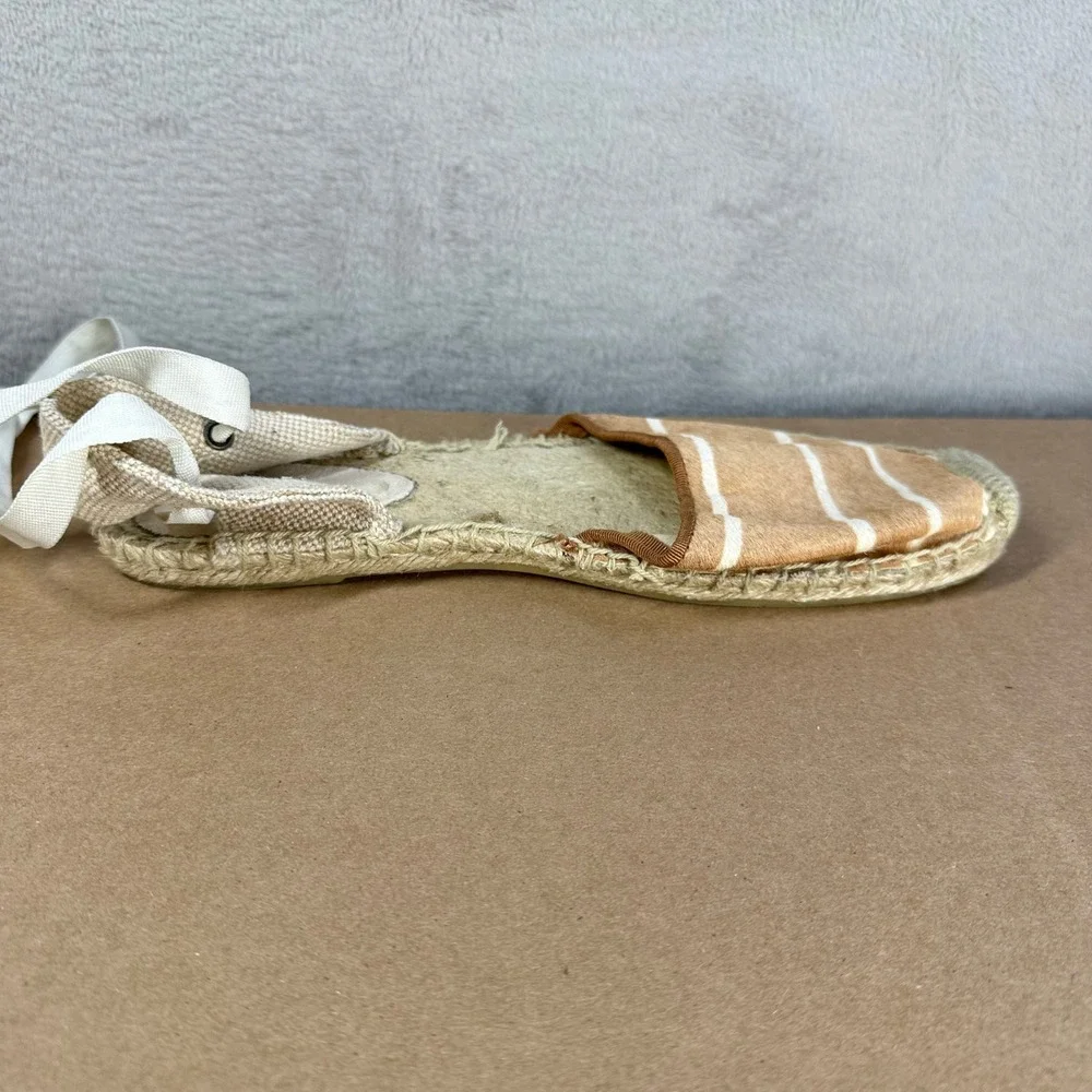 Soludos Espadrille Flats Womens 9 Tan Striped Calf Hair Ribbon Tie Coastal Boho